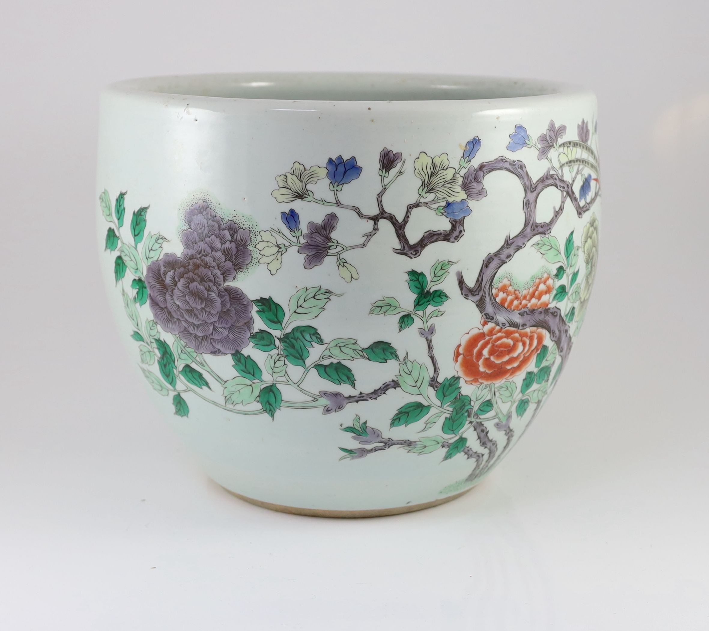 A Chinese famille verte jardiniere or fishbowl, late 19th century, 30.5 cm high, 38 cm diameter